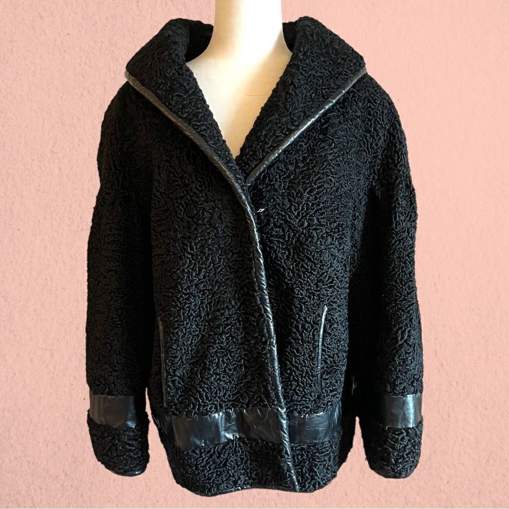 Vintage 1960s Hudson Bay black Persian lamb wool coat leather accents - Picture 2 of 16